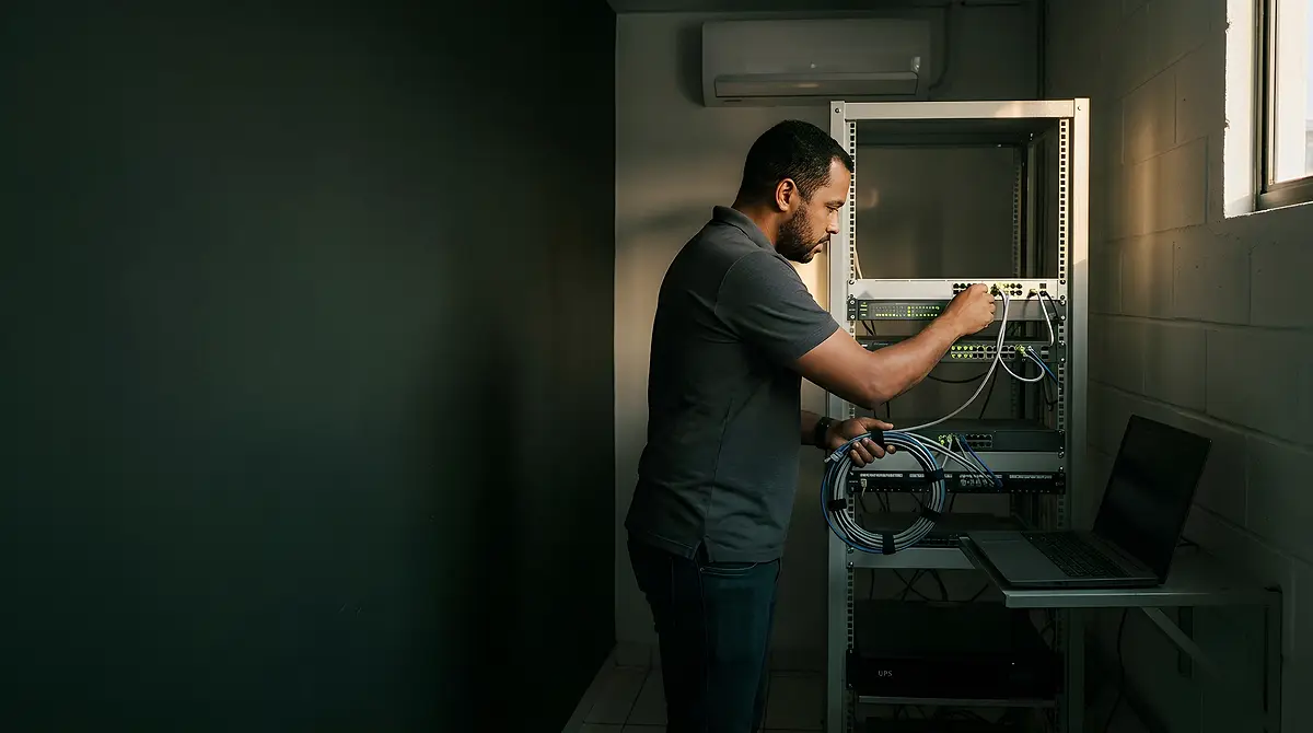 Técnico conecta um cabo de rede no switch de um rack, numa pequena sala de servidores