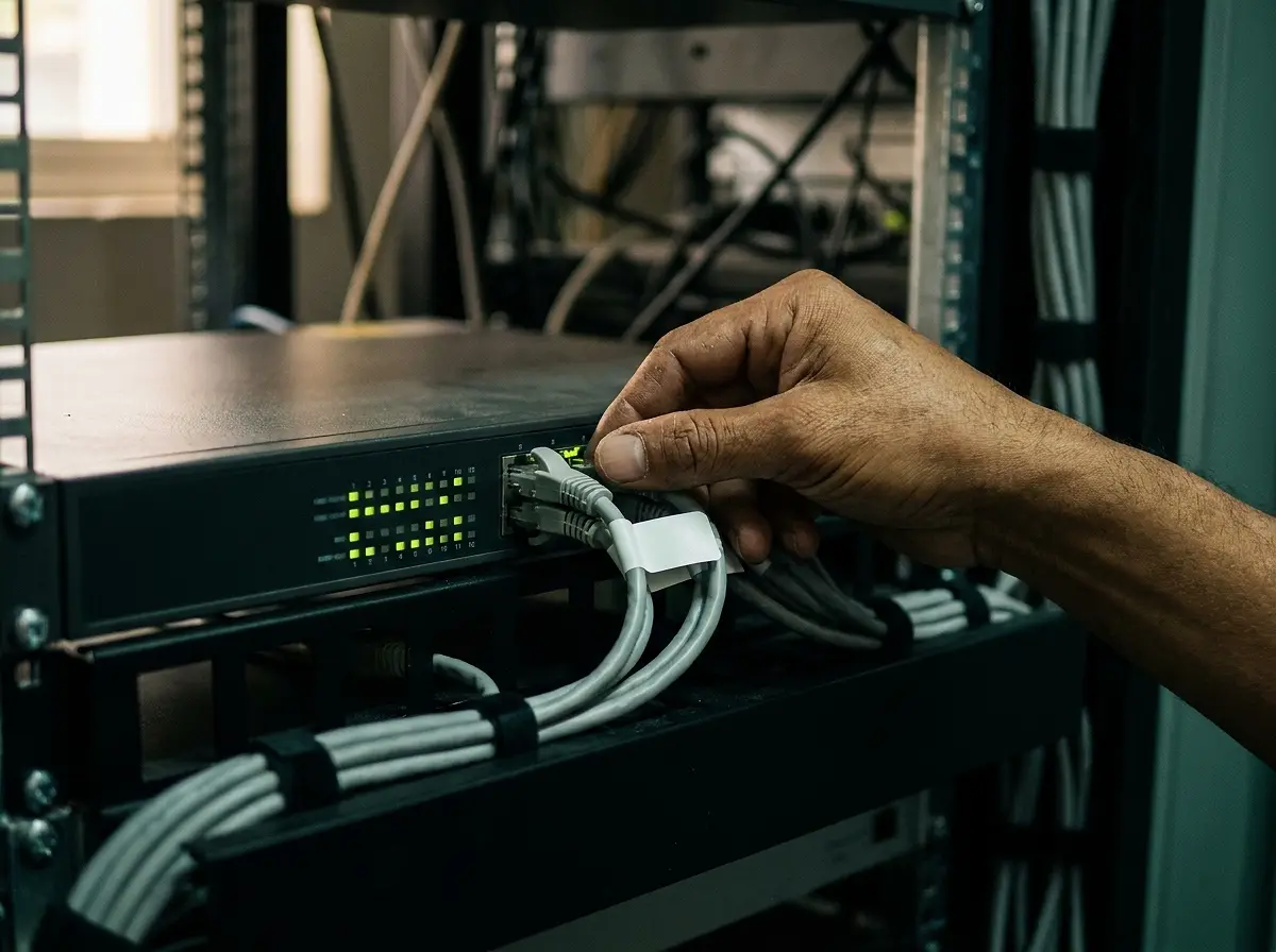 Mãos de técnico encaixam cabos de rede organizados num switch