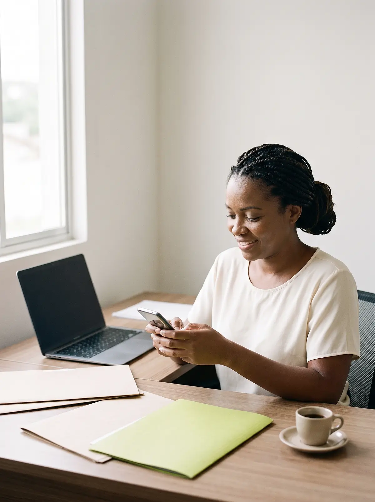 Gestora de escritório escreve uma mensagem no celular, na mesa de trabalho