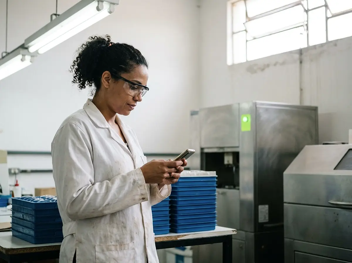 Técnica de laboratório óptico confere um pedido no celular ao lado das máquinas
