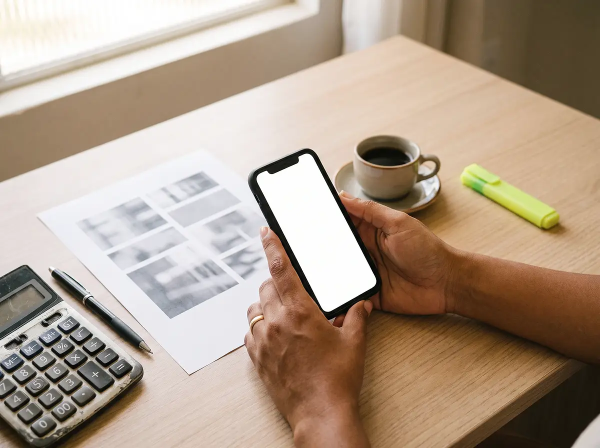 Mãos seguram um celular sobre uma mesa com documento, calculadora e café