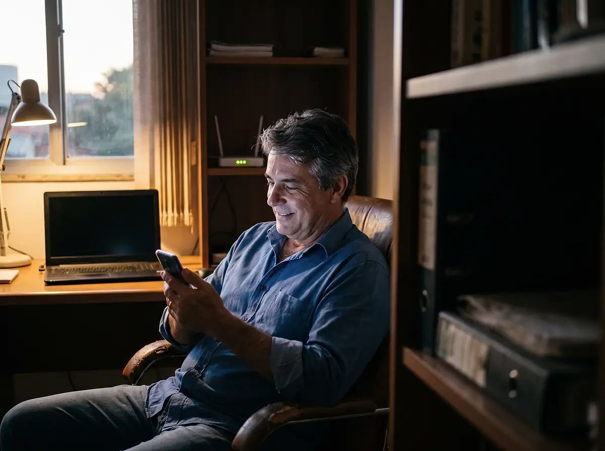 Empresário confere relatórios no celular em seu escritório, no fim da tarde